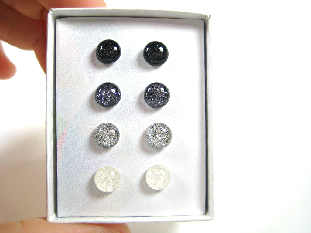 Monochrome Glitter Titanium Stud Earring Set