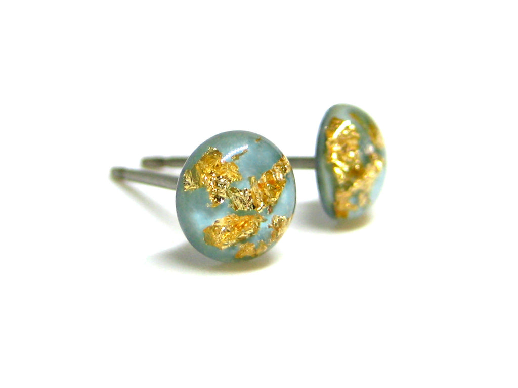 Baby Blue Gold Flake Titanium Stud Earrings