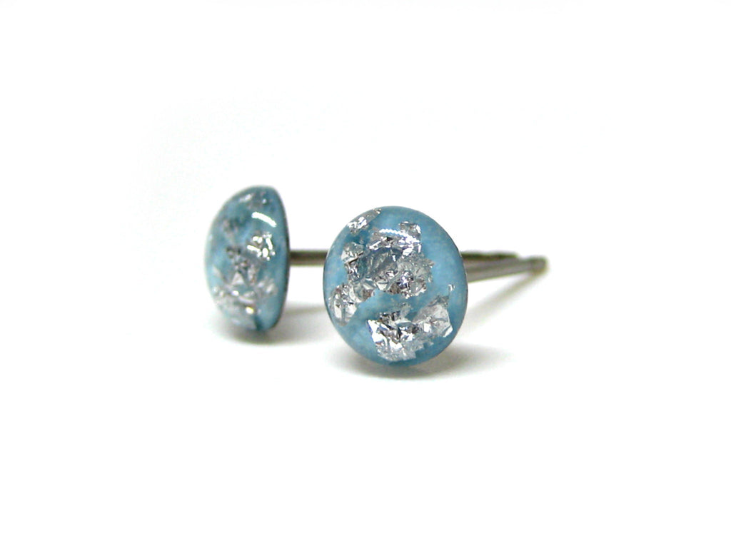 Baby Blue Silver Flake Titanium Stud Earrings