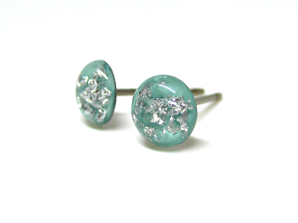 Minty Green Silver Flake Titanium Stud Earrings