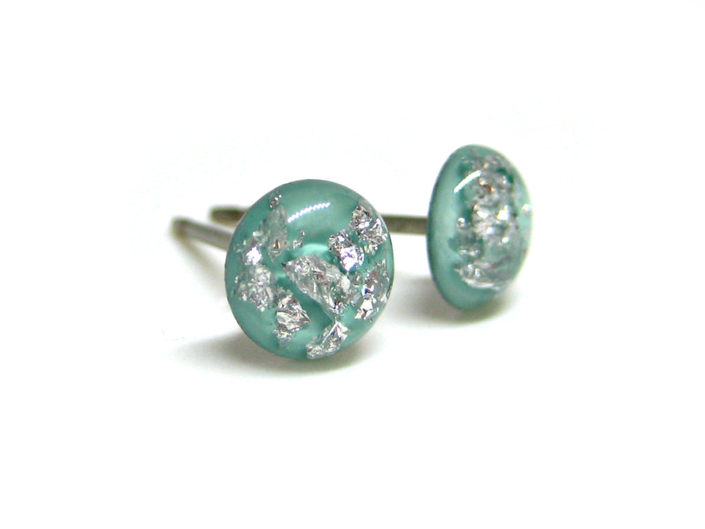 Minty Green Silver Flake Titanium Stud Earrings