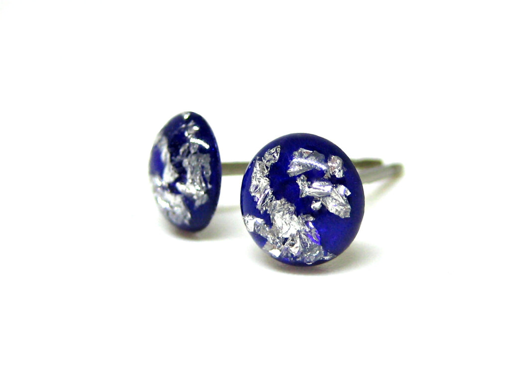 Royal Blue Silver Flake Titanium Stud Earrings