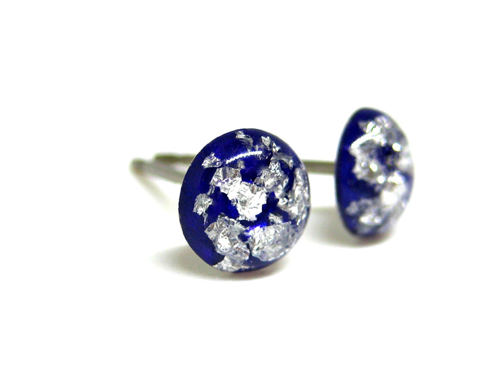 Royal Blue Silver Flake Titanium Stud Earrings