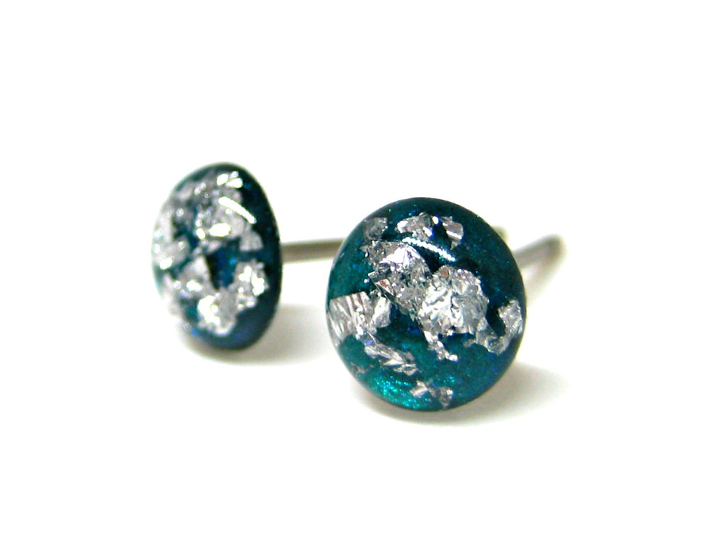 Dark Teal Silver Flake Titanium Stud Earrings