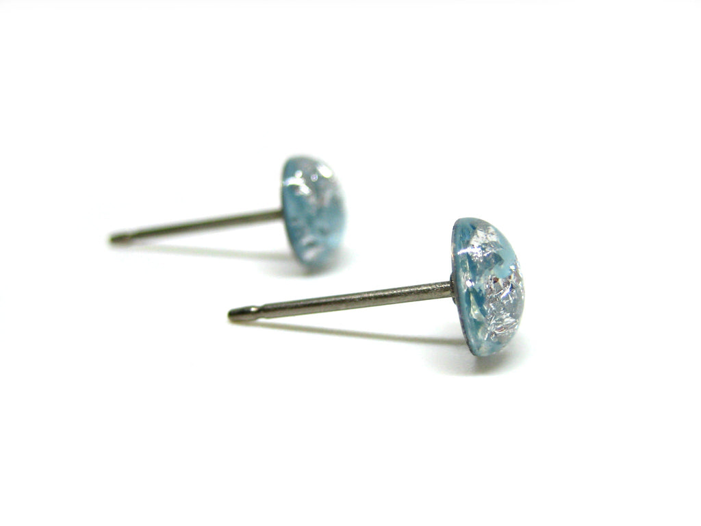 Baby Blue Silver Flake Titanium Stud Earrings