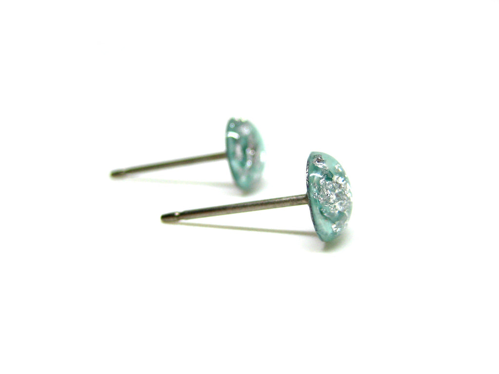 Minty Green Silver Flake Titanium Stud Earrings