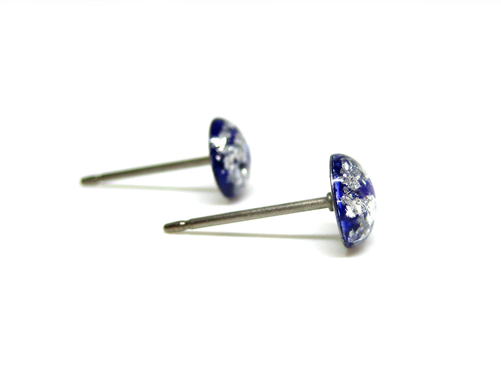 Royal Blue Silver Flake Titanium Stud Earrings