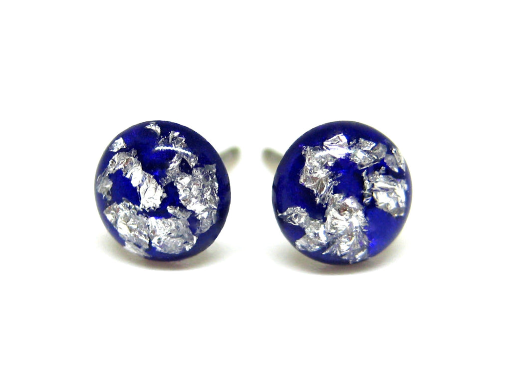 Royal Blue Silver Flake Titanium Stud Earrings