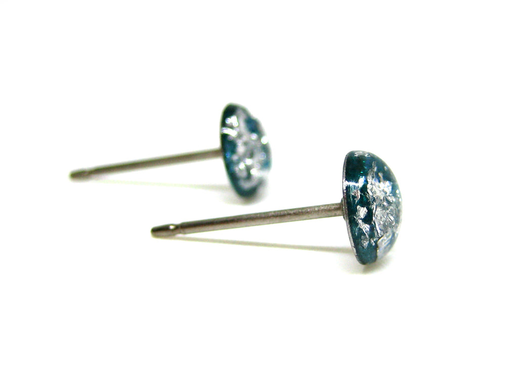 Dark Teal Silver Flake Titanium Stud Earrings