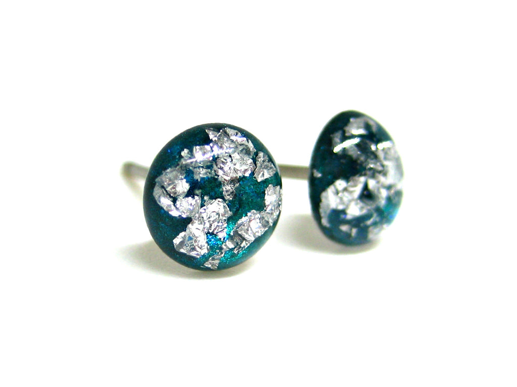 Dark Teal Silver Flake Titanium Stud Earrings