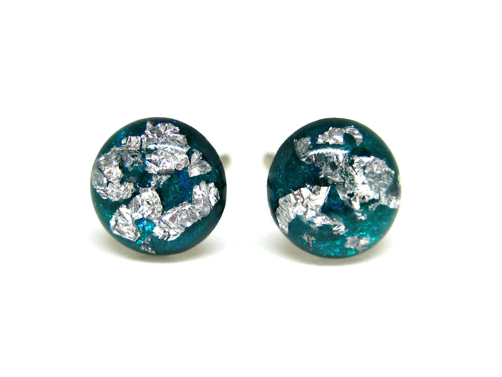 Dark Teal Silver Flake Titanium Stud Earrings