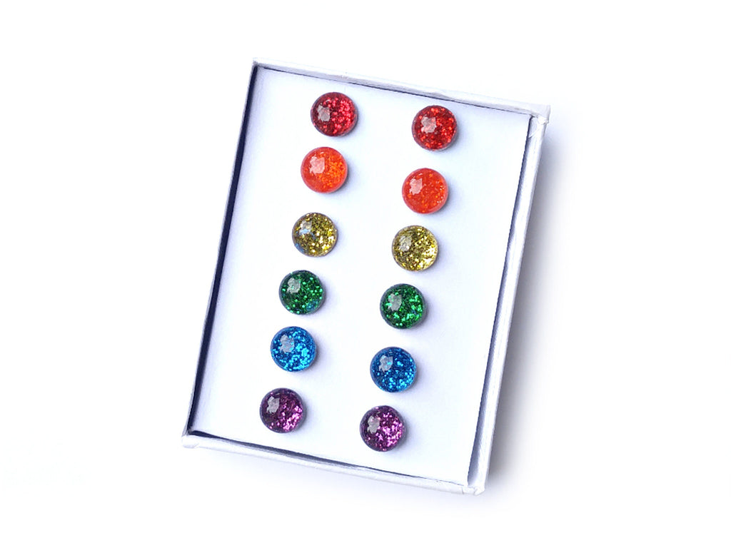 Rainbow Glitter Titanium Stud Earrings Set