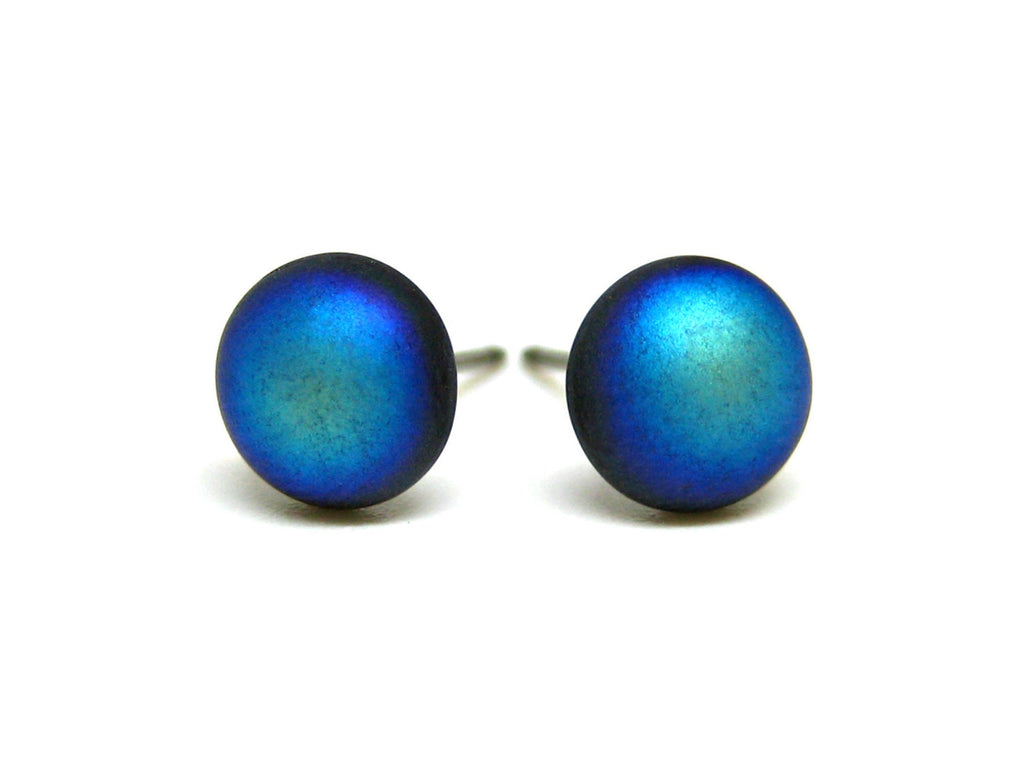 Black & Blue Matte Glass Titanium Stud Earrings - 7mm