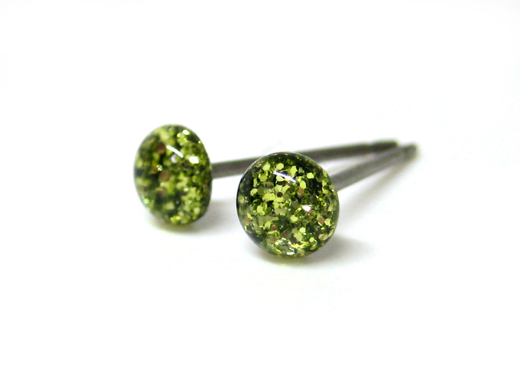 Beach Glass Green Glitter Titanium Stud Earrings