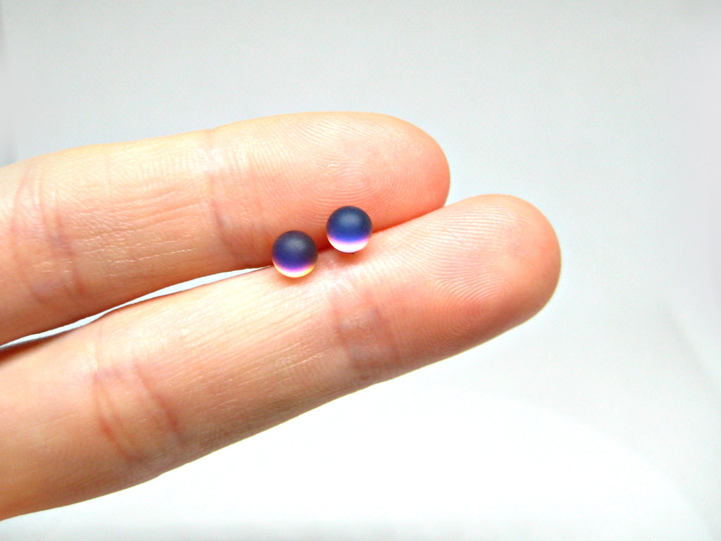 Tiny Blue Matte Glass Titanium Stud Earrings - 5mm