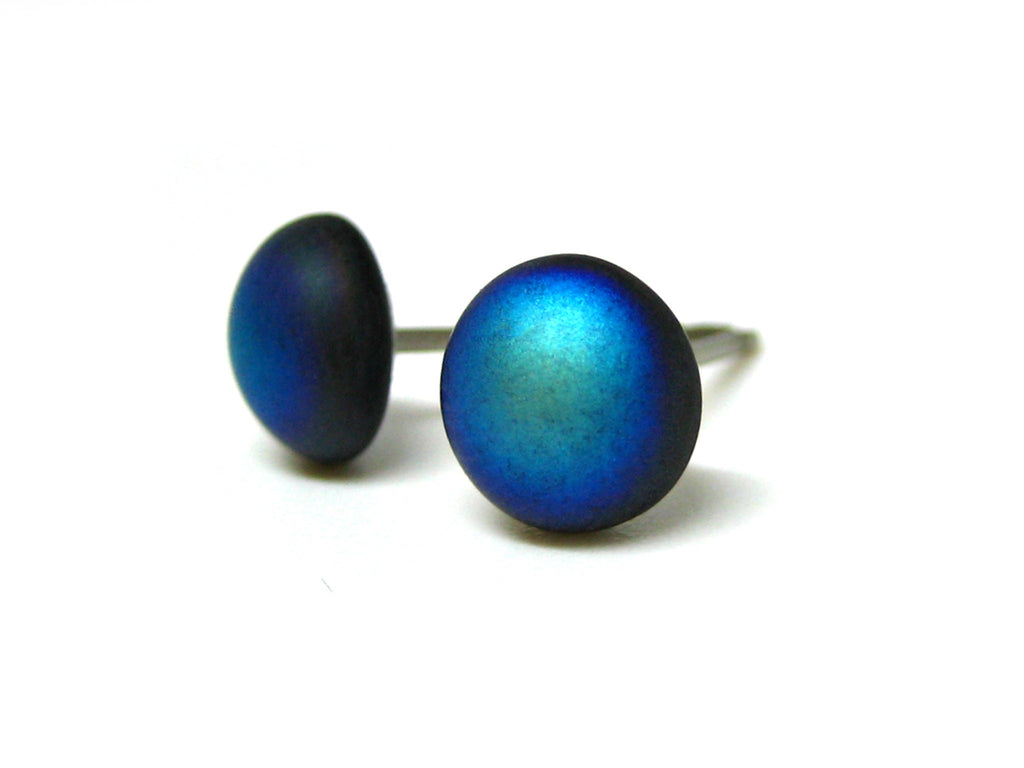 Black & Blue Matte Glass Titanium Stud Earrings - 7mm