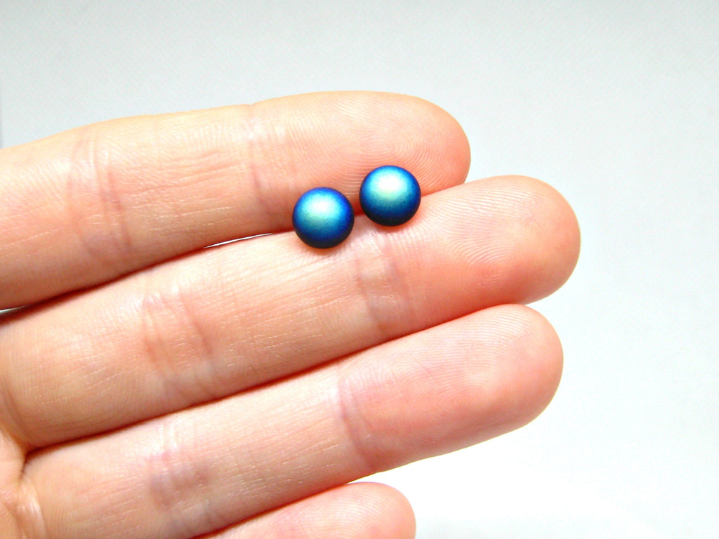 Black & Blue Matte Glass Titanium Stud Earrings - 7mm