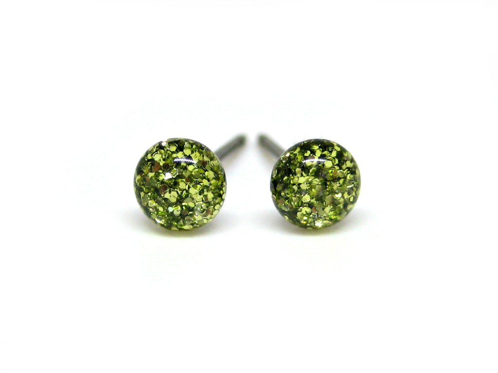 Beach Glass Green Glitter Titanium Stud Earrings