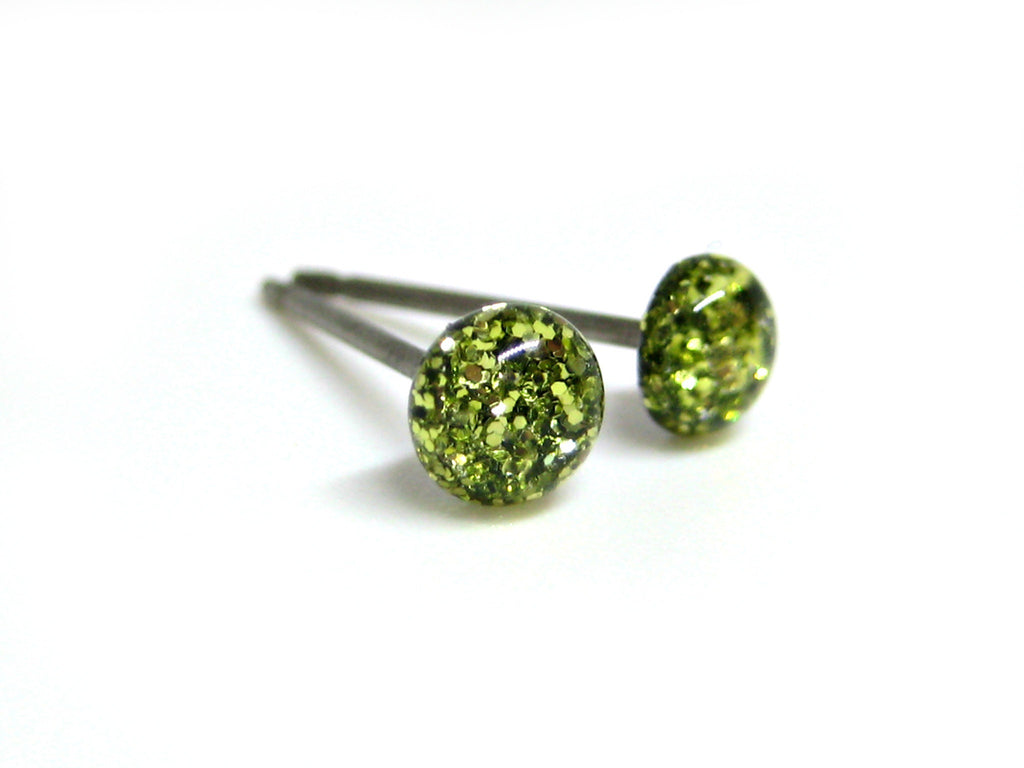 Beach Glass Green Glitter Titanium Stud Earrings