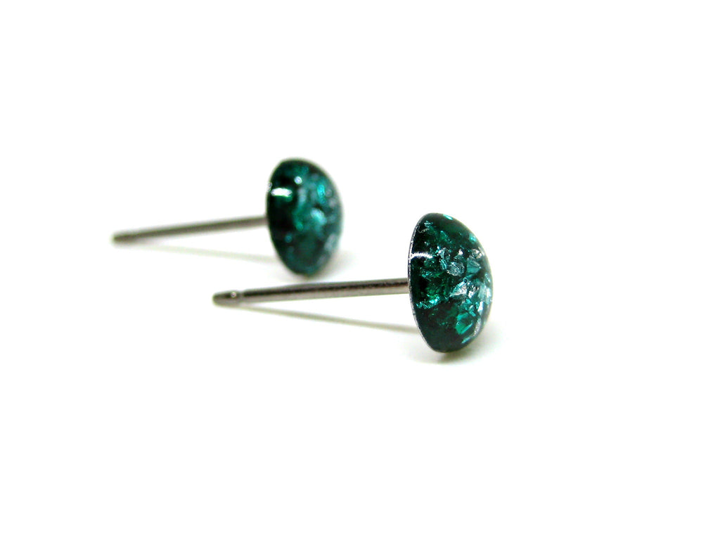 Clover Teal Silver Flake Titanium Stud Earrings