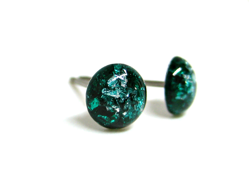 Clover Teal Silver Flake Titanium Stud Earrings