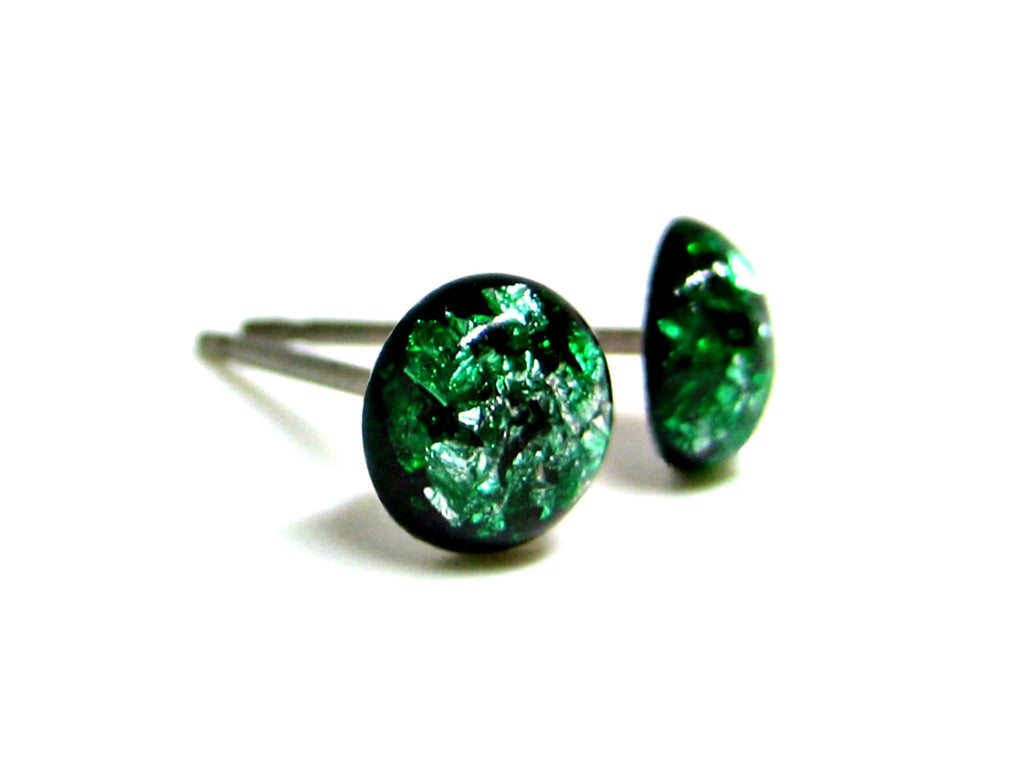 Kiwi Green Silver Flake Titanium Stud Earrings