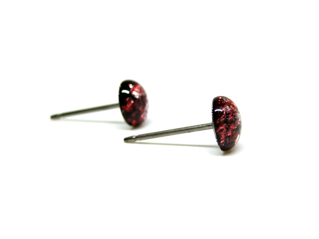 Cherry Red Silver Flake Titanium Stud Earrings