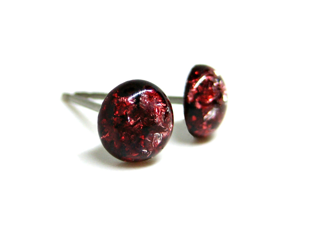 Cherry Red Silver Flake Titanium Stud Earrings