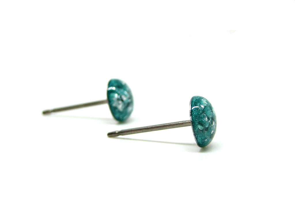 Sea Green Silver Flake Titanium Stud Earrings