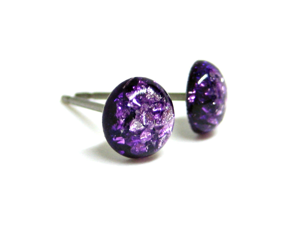 Lavender Purple Silver Flake Titanium Stud Earrings