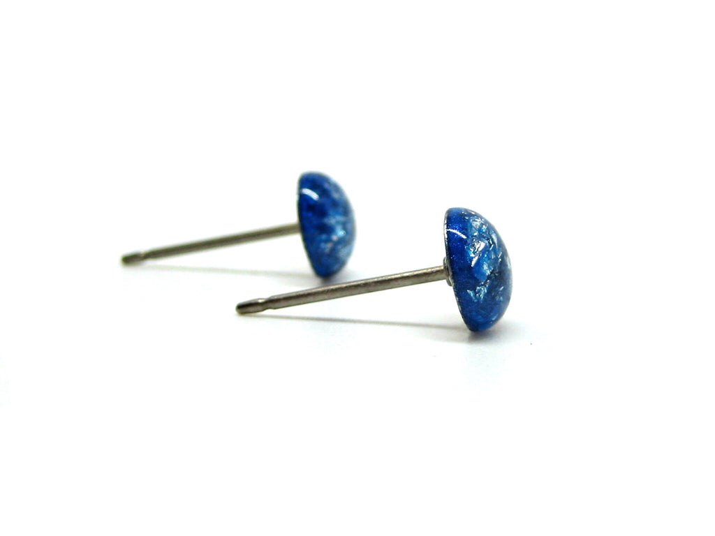 Peacock Blue Silver Flake Titanium Stud Earrings