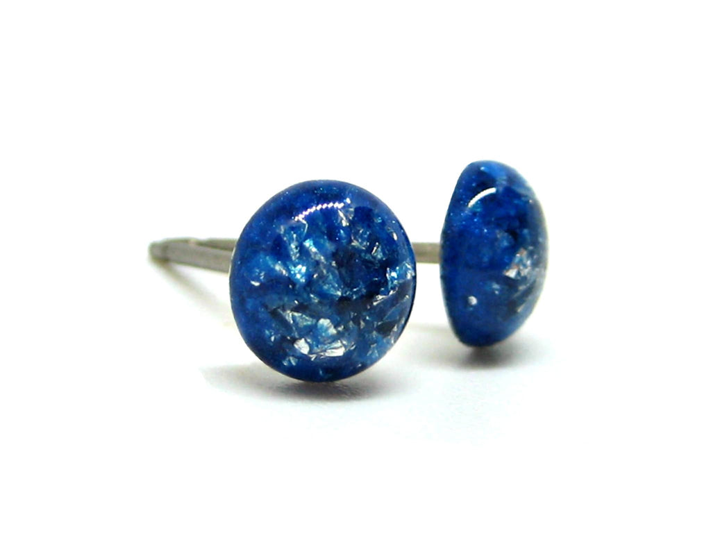 Peacock Blue Silver Flake Titanium Stud Earrings