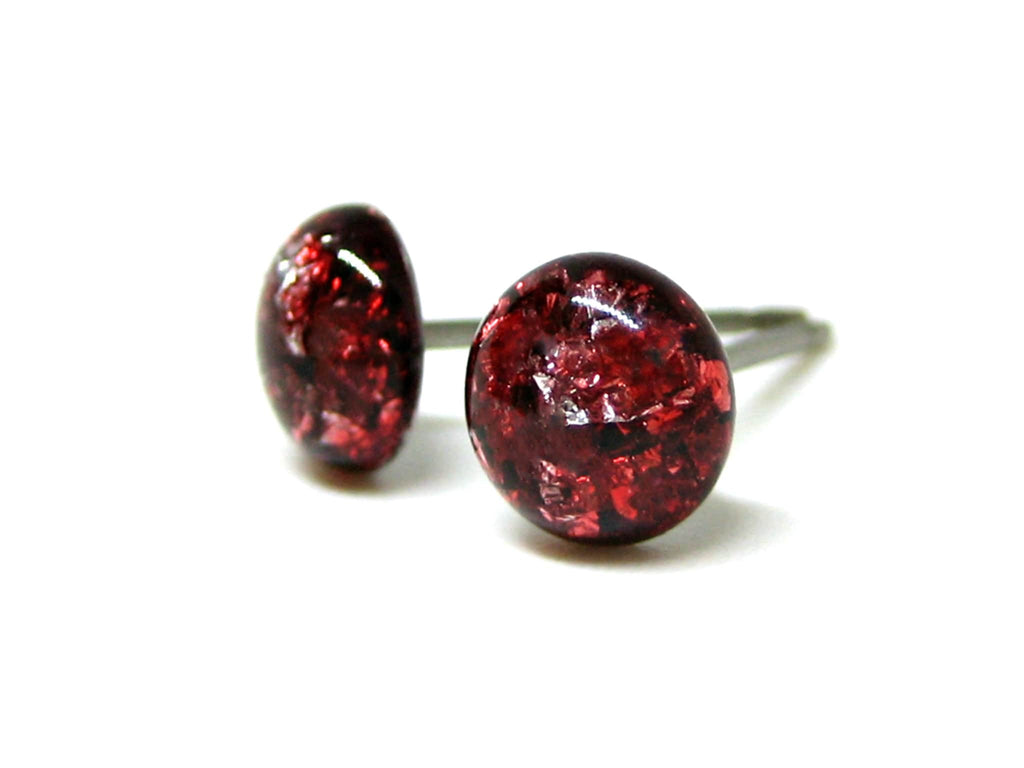 Cherry Red Silver Flake Titanium Stud Earrings