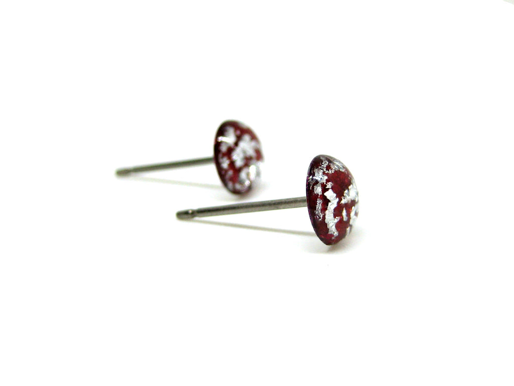 Red Silver Flake Titanium Stud Earrings