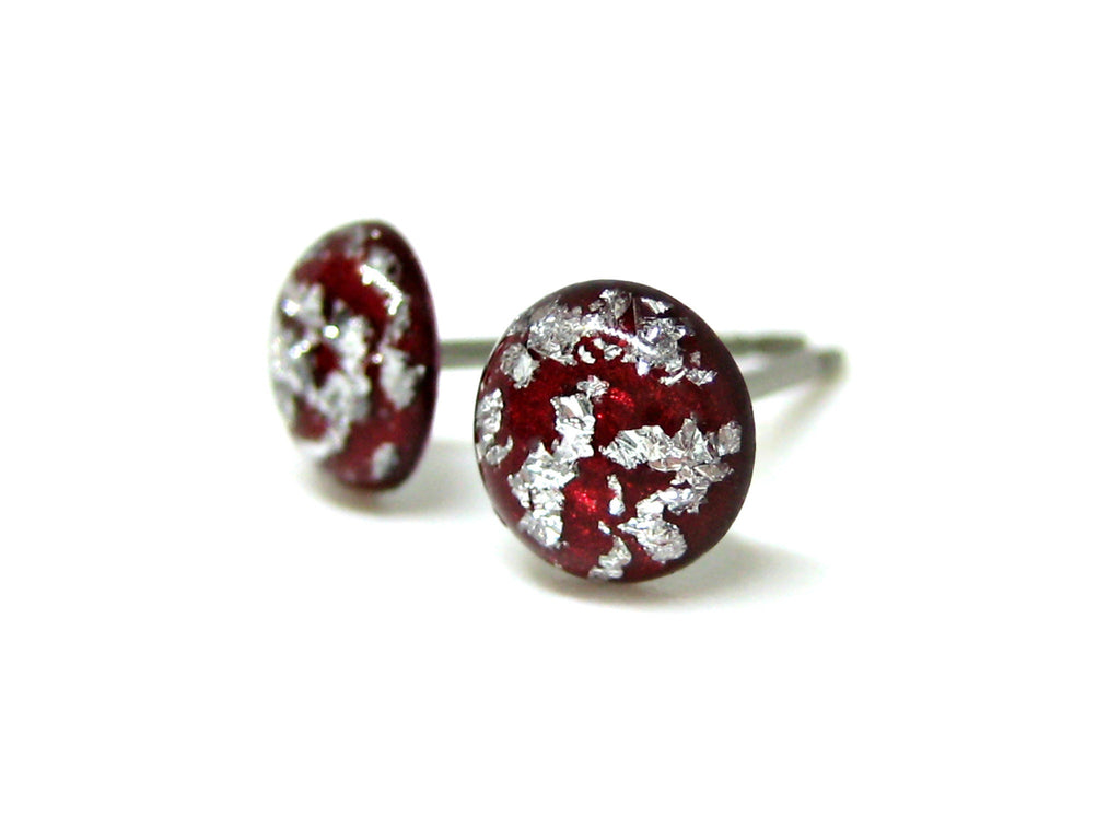 Red Silver Flake Titanium Stud Earrings