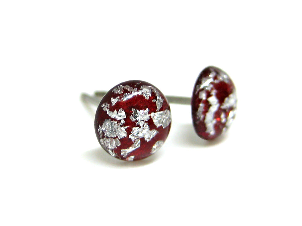 Red Silver Flake Titanium Stud Earrings