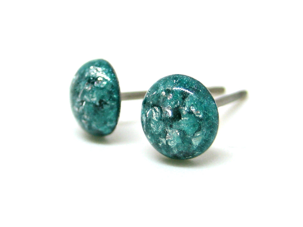 Sea Green Silver Flake Titanium Stud Earrings