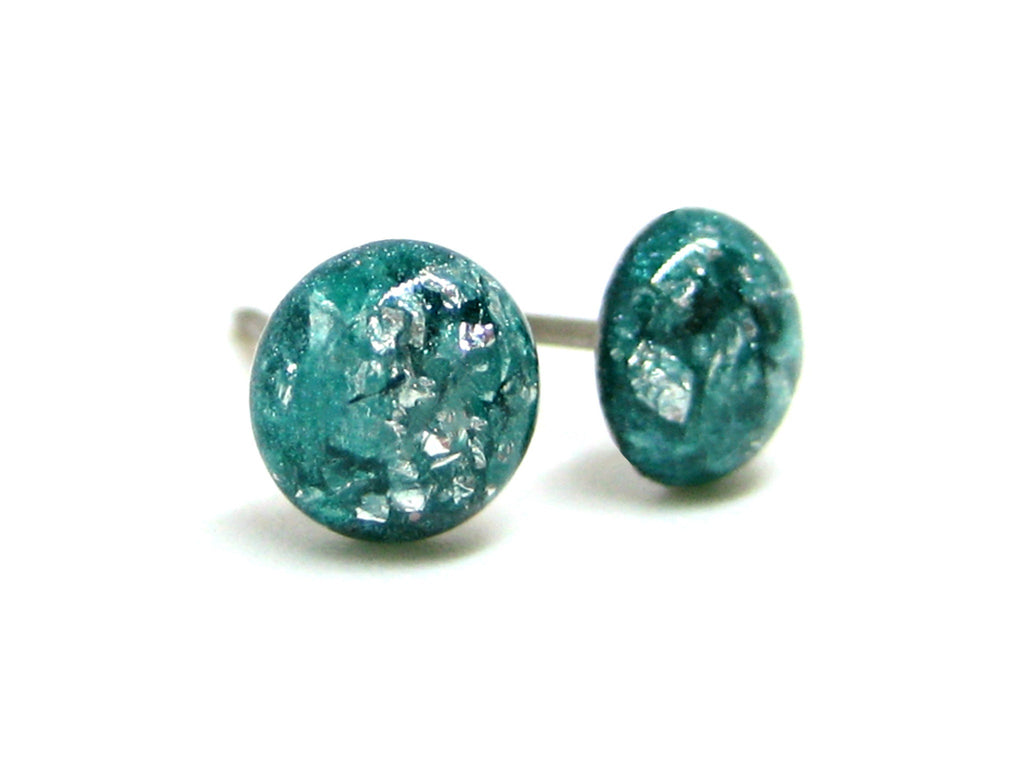 Sea Green Silver Flake Titanium Stud Earrings