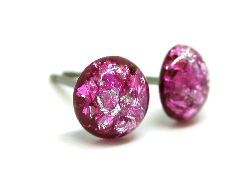 Rose Pink Silver Flake Titanium Stud Earrings