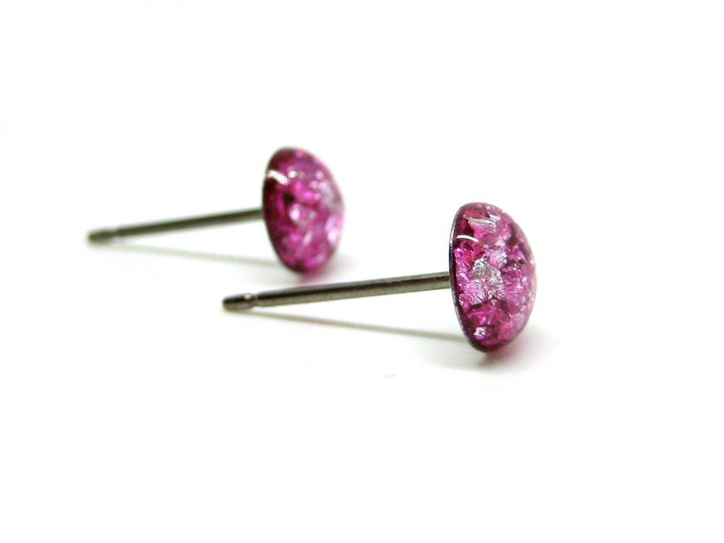 Rose Pink Silver Flake Titanium Stud Earrings