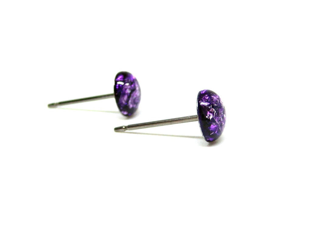 Lavender Purple Silver Flake Titanium Stud Earrings