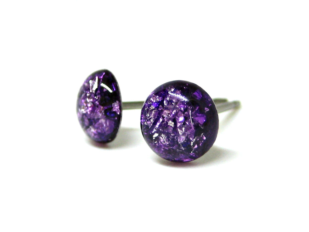 Lavender Purple Silver Flake Titanium Stud Earrings