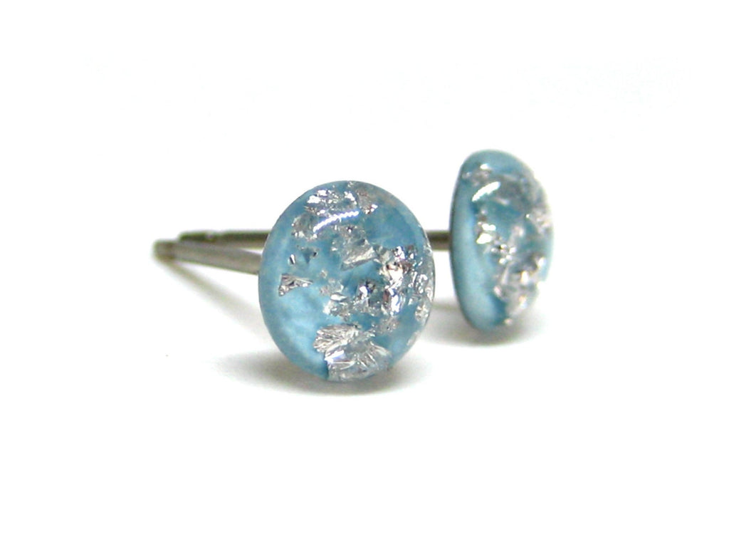 Baby Blue Silver Flake Titanium Stud Earrings