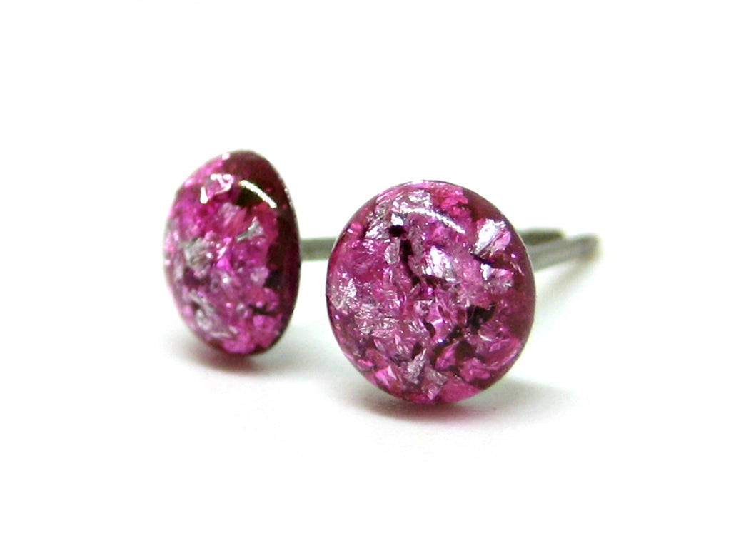 Rose Pink Silver Flake Titanium Stud Earrings