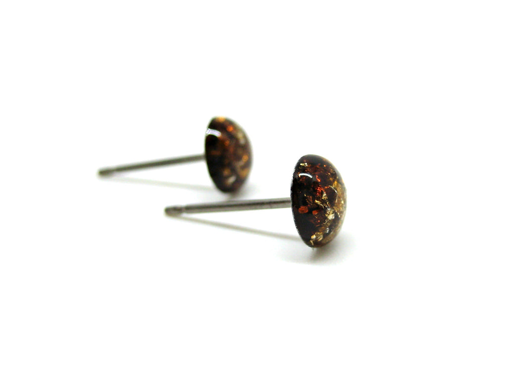 Caramel Brown Silver Flake Titanium Stud Earrings