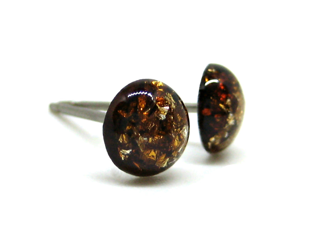 Caramel Brown Silver Flake Titanium Stud Earrings