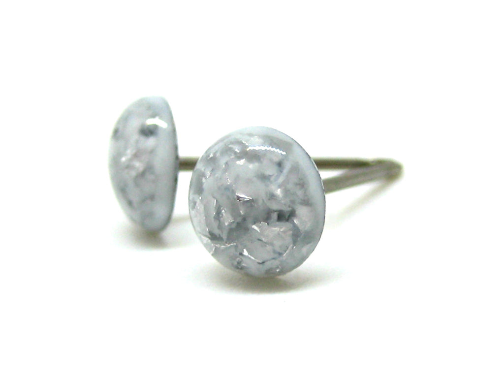 Cream White Silver Flake Titanium Stud Earrings