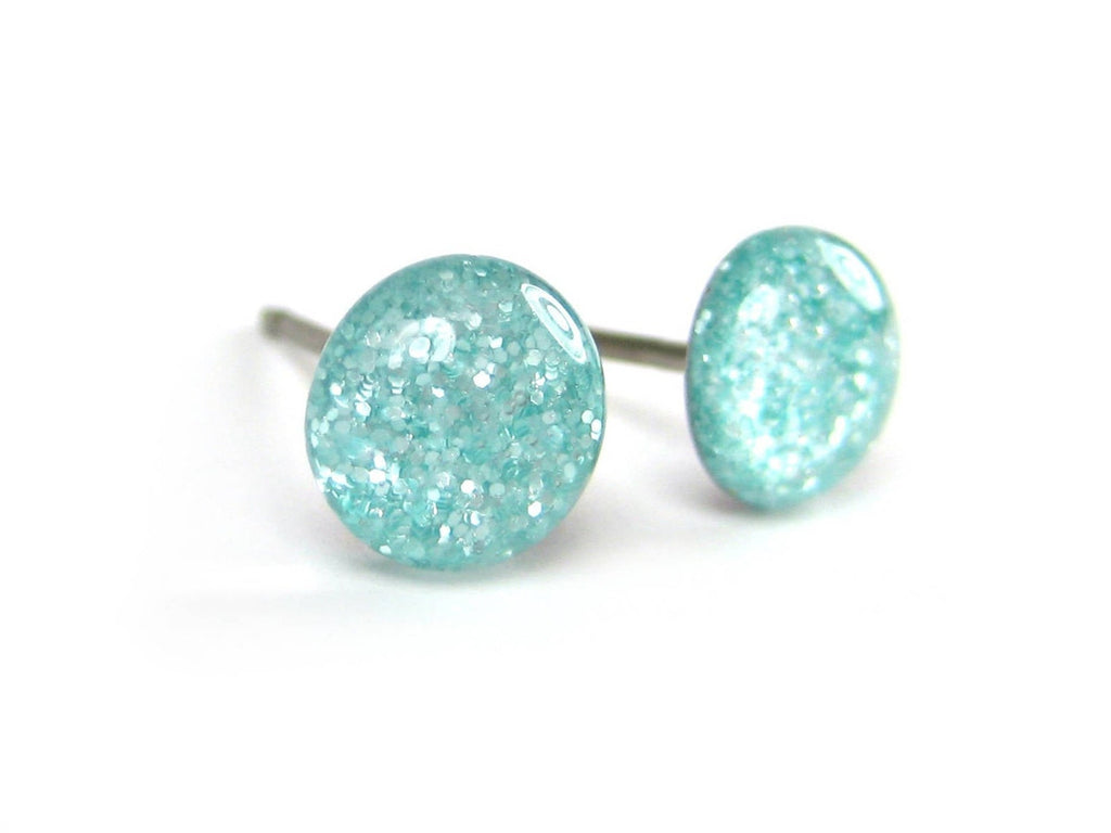 Aqua Tulip Teal Glitter Titanium Stud Earrings