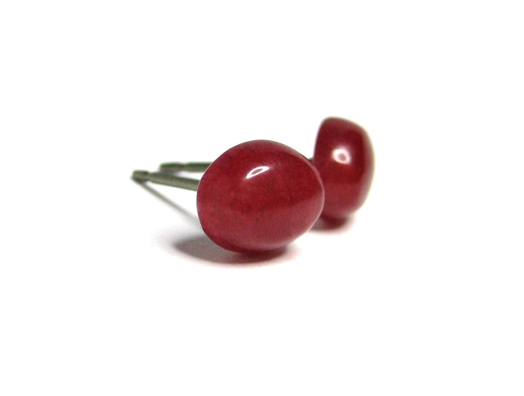 Genuine Oval Red Jade Gemstone Titanium Stud Earrings - 8 x 6mm