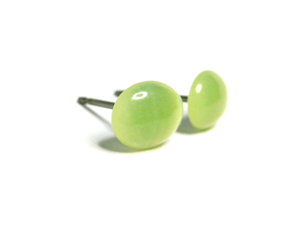 Genuine Oval Olive Jade Gemstone Titanium Stud Earrings - 8 x 6mm